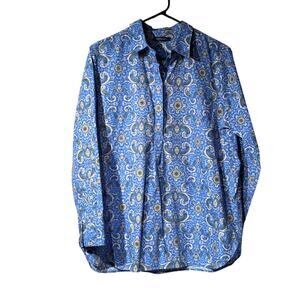 Lands' End Blue Yellow Paisley Half Button Popover No Iron Supima Womens Tunic
